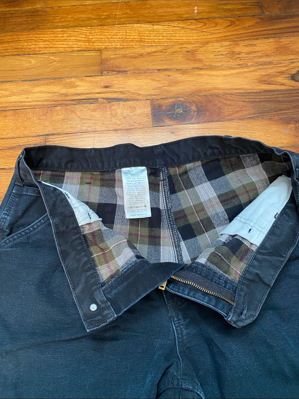 Carhartt Black Work Pants with Olive and Burgundy Plaid Lining